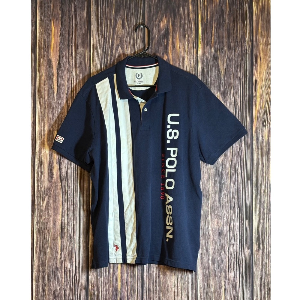 U.S. Polo Assn. Mens XL Polo Shirt Navy Blue Stripe Short Sleeve menswear Casual